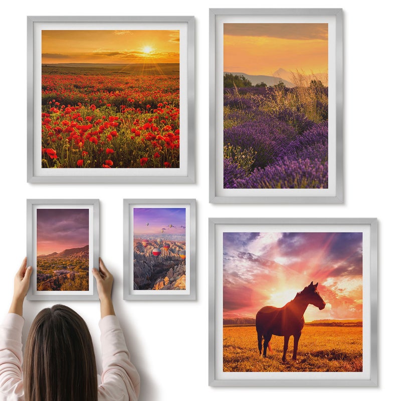 Galeria ścienna 5-częściowy komplet obrazów w srebrnych ramach - Krajobrazy natury z końmi i kwiatami w plenerze - ArtPrintCave