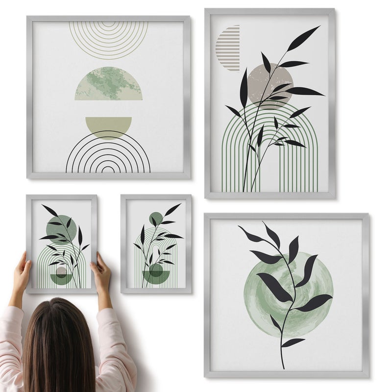 Galeria ścienna 5-częściowy komplet obrazów w srebrnych ramach - Stylowe grafiki z roślinnymi motywami i geometrycznymi kształtami - ArtPrintCave