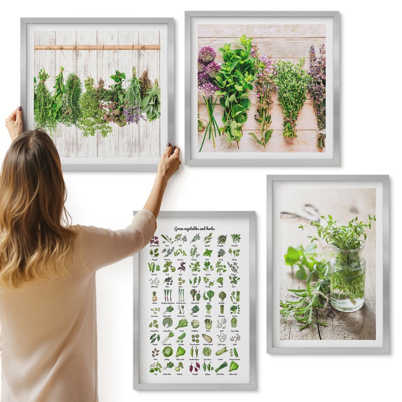 Galeria ścienna 4-częściowy komplet obrazów w srebrnych ramach - Suszone rośliny do kuchni lista ziół - ArtPrintCave