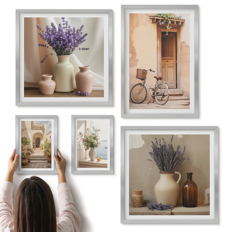 Galeria ścienna 5-częściowy komplet obrazów w srebrnych ramach - Stylowe wnętrza z motywami kwiatowymi i rowerem - ArtPrintCave