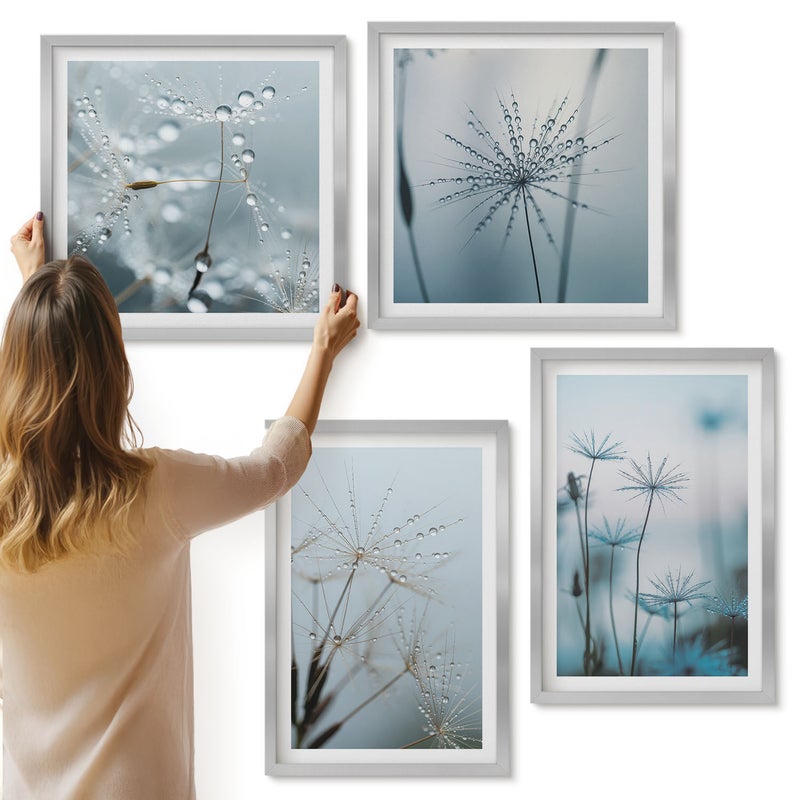 Galeria ścienna 4-częściowy komplet obrazów w srebrnych ramach - Delikatne dmuchawce z kroplami wody - ArtPrintCave