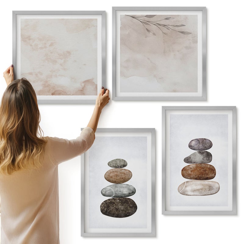 Galeria ścienna 4-częściowy komplet obrazów w srebrnych ramach - Stosy kamieni minimalistyczne malarstwo boho - ArtPrintCave