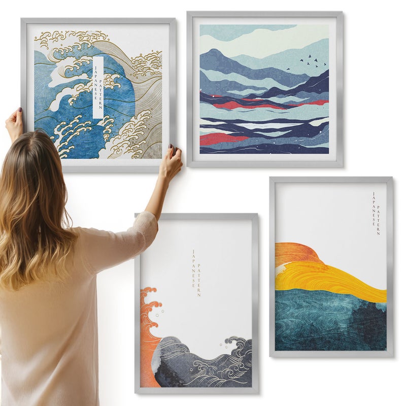 Galeria ścienna 4-częściowy komplet obrazów w srebrnych ramach - Fale i sztuka w japońskim stylu graficznym - ArtPrintCave