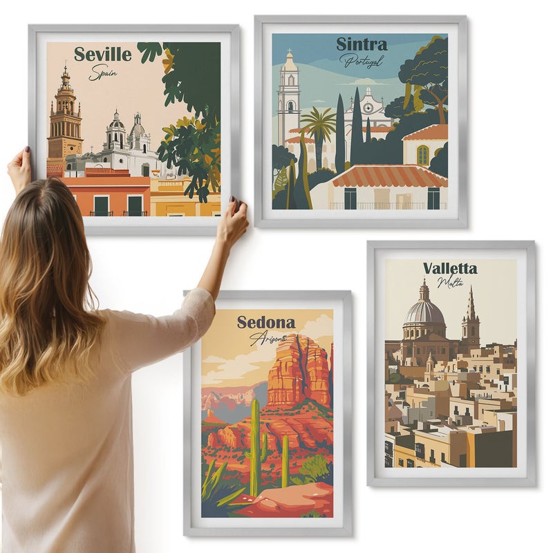 Galeria ścienna 4-częściowy komplet obrazów w srebrnych ramach - Widoki miast Sedona Sintra Seville Valletta w stylu retro - ArtPrintCave