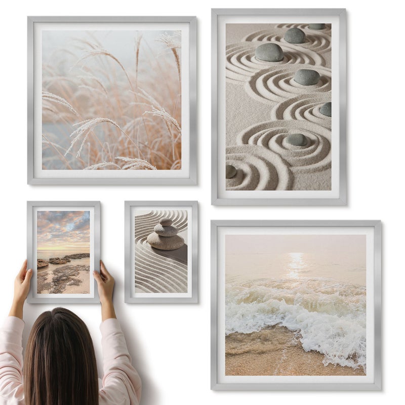 Galeria ścienna 5-częściowy komplet obrazów w srebrnych ramach - Relaksujące pejzaże natury z kamieniami i falami morskimi - ArtPrintCave