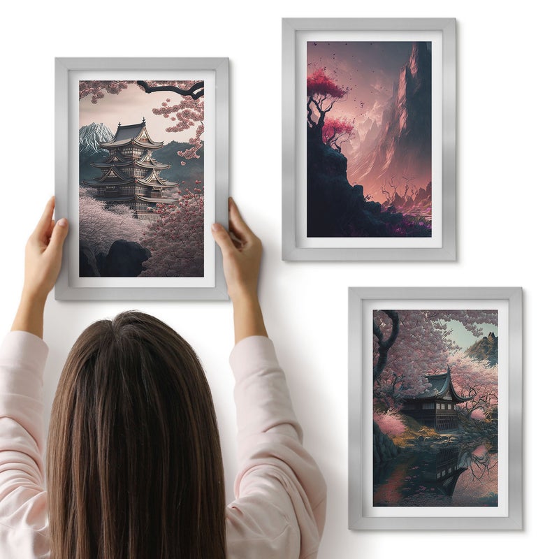 Galeria ścienna 3-częściowy komplet obrazów w srebrnych ramach - Krajobrazy fantasy Japonii górskie pejzaże - ArtPrintCave
