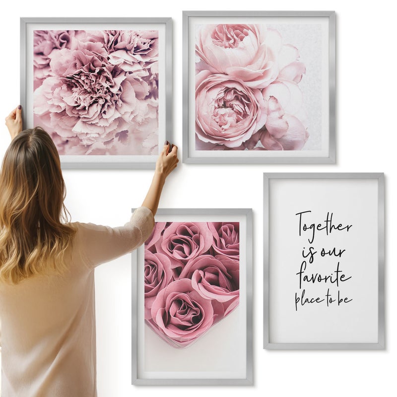 Galeria ścienna 4-częściowy komplet obrazów w srebrnych ramach - Kwiaty i bukiety róż z domowym napisem - ArtPrintCave