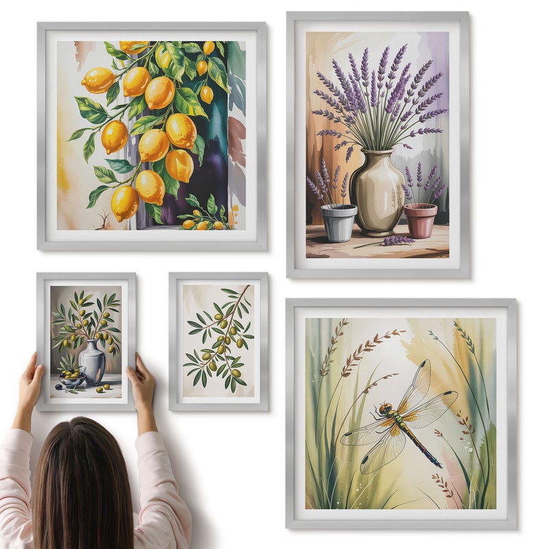 Galeria ścienna 5-częściowy komplet obrazów w srebrnych ramach - Kwiatowe kompozycje z oliwkami i cytrynami w stylu rustykalnym - ArtPrintCave