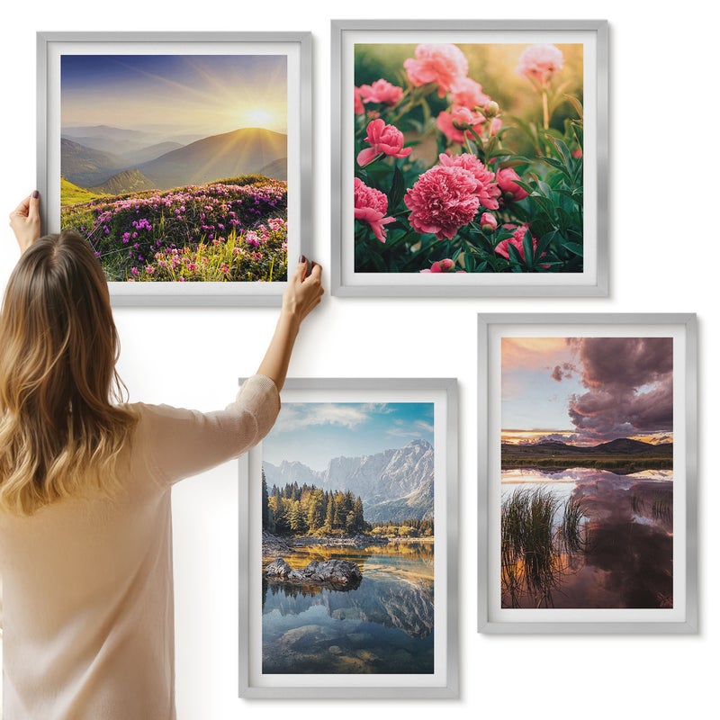 Galeria ścienna 4-częściowy komplet obrazów w srebrnych ramach - Kwiaty w ogrodzie górska łąka las i tafla wody - ArtPrintCave