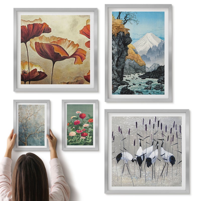 Galeria ścienna 5-częściowy komplet obrazów w srebrnych ramach - Krajobrazy natury z kwiatami i górskimi widokami - ArtPrintCave