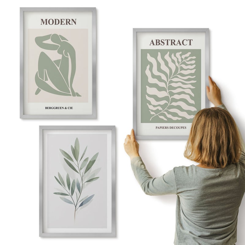 Galeria ścienna 3-częściowy komplet obrazów w srebrnych ramach - Wzornictwo Matisse akwarelowe rośliny boho - ArtPrintCave