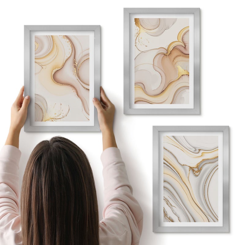 Galeria ścienna 3-częściowy komplet obrazów w srebrnych ramach - Linearne abstrakcyjne motywy stylowa dekoracja - ArtPrintCave