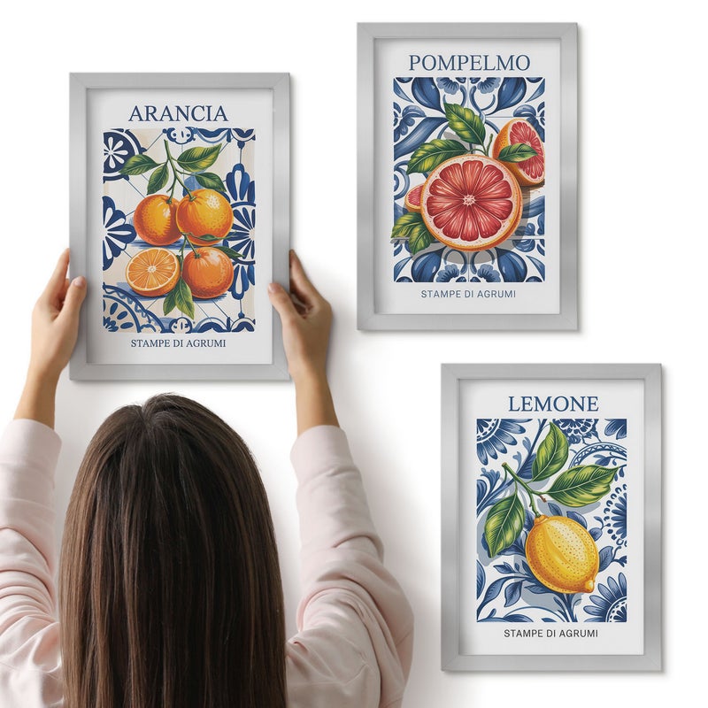 Galeria ścienna 3-częściowy komplet obrazów w srebrnych ramach - Cytrusy w stylu włoskim modne postery - ArtPrintCave