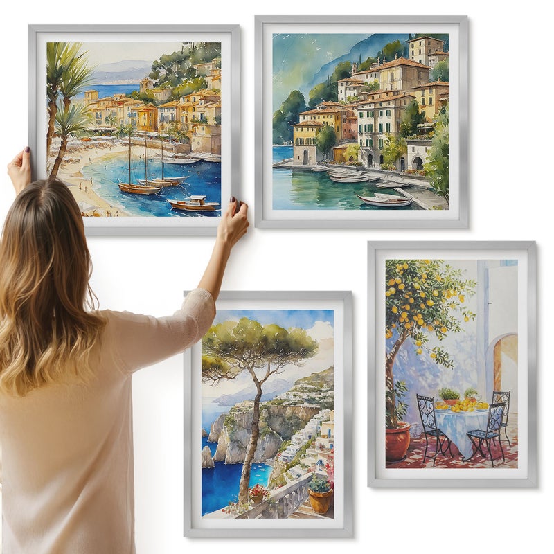 Galeria ścienna 4-częściowy komplet obrazów w srebrnych ramach - Włoskie nadmorskie miasteczka w stylu akwarelowym - ArtPrintCave