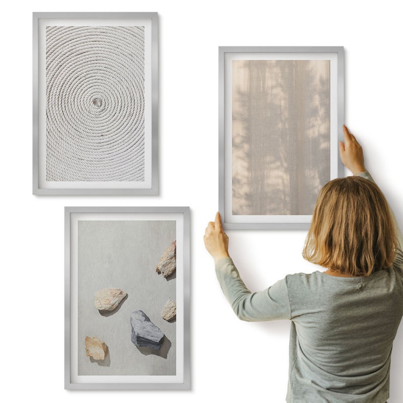 Galeria ścienna 3-częściowy komplet obrazów w srebrnych ramach - Boho tekstury naturalne struktury - ArtPrintCave
