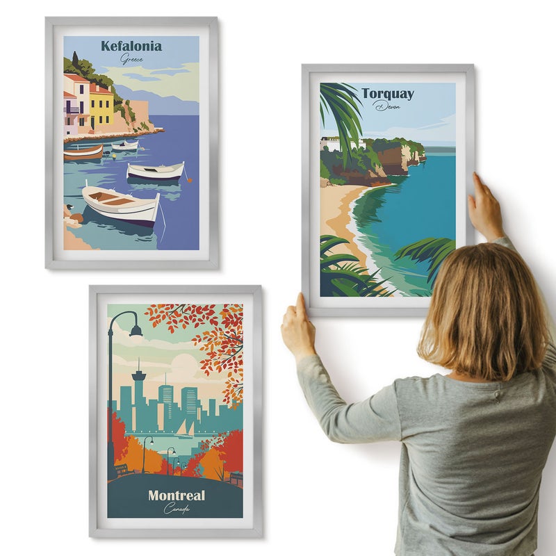 Galeria ścienna 3-częściowy komplet obrazów w srebrnych ramach - Widoki miast i krajobrazów z Grecji Kanady i Australii - ArtPrintCave