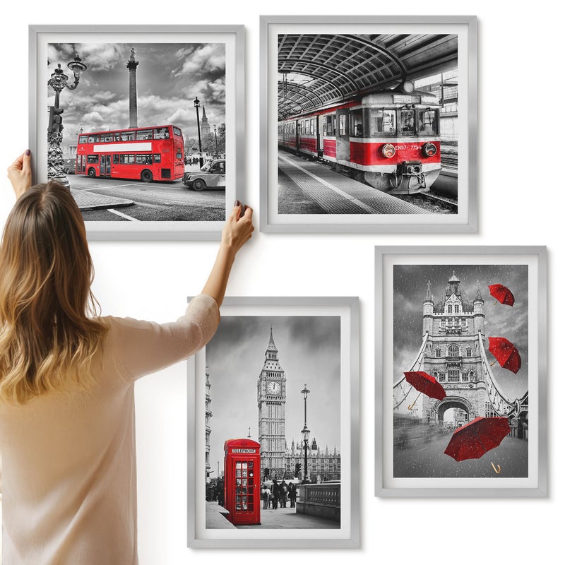 Galeria ścienna 4-częściowy komplet obrazów w srebrnych ramach - Czerwone akcenty i znane budowle Londynu - ArtPrintCave