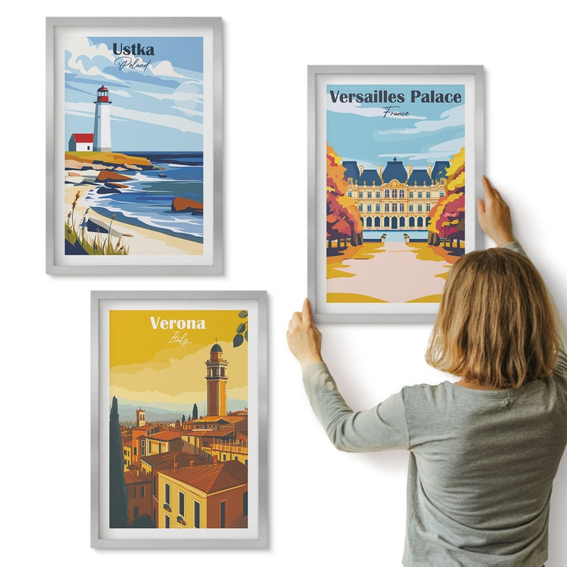 Galeria ścienna 3-częściowy komplet obrazów w srebrnych ramach - Widoki znanych miejsc nad morzem i w miastach - ArtPrintCave