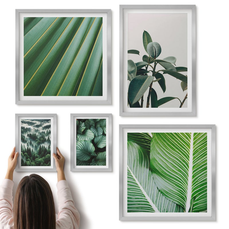 Galeria ścienna 5-częściowy komplet obrazów w srebrnych ramach - Roślinne inspiracje w stylu tropikalnym i naturalnym - ArtPrintCave