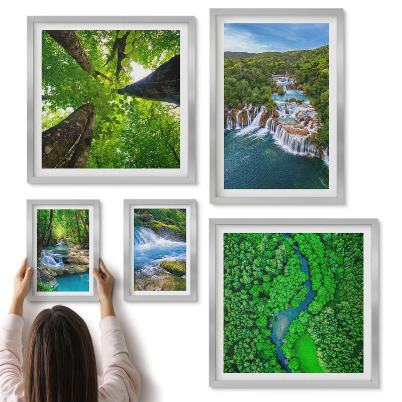 Galeria ścienna 5-częściowy komplet obrazów w srebrnych ramach - Naturalne wodospady i zielone krajobrazy przyrody - ArtPrintCave