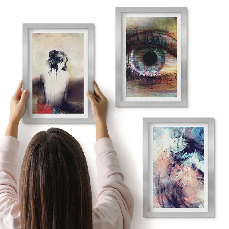 Galeria ścienna 3-częściowy komplet obrazów w srebrnych ramach - Portret kobiety oko abstrakcyjne kolory emocje - ArtPrintCave