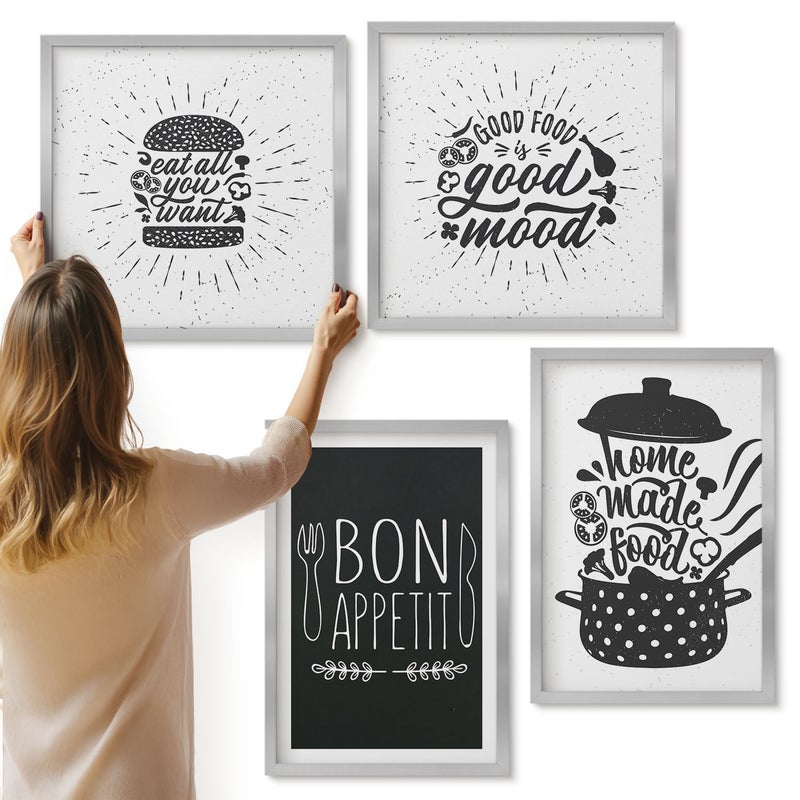 Galeria ścienna 4-częściowy komplet obrazów w srebrnych ramach - Grafika z jedzeniem i hasłami kulinarnymi - ArtPrintCave
