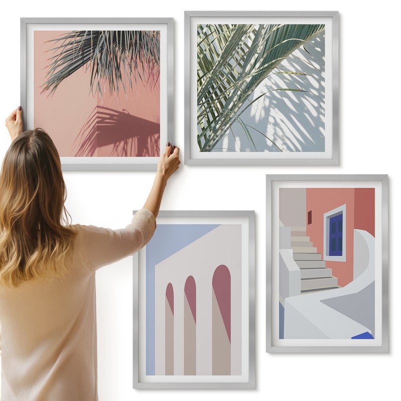 Galeria ścienna 4-częściowy komplet obrazów w srebrnych ramach - Ilustracje architektury miejskiej styl minimalistyczny - ArtPrintCave