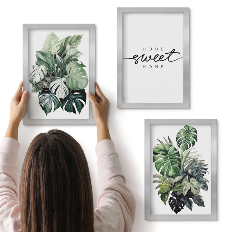 Galeria ścienna 3-częściowy komplet obrazów w srebrnych ramach - Rośliny w zieleni z napisem Sweet Home - ArtPrintCave