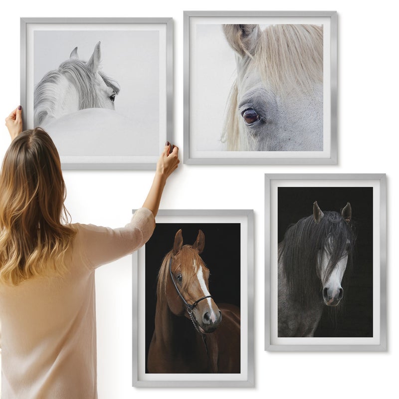 Galeria ścienna 4-częściowy komplet obrazów w srebrnych ramach - Portrety koni w różnych odcieniach sierści - ArtPrintCave