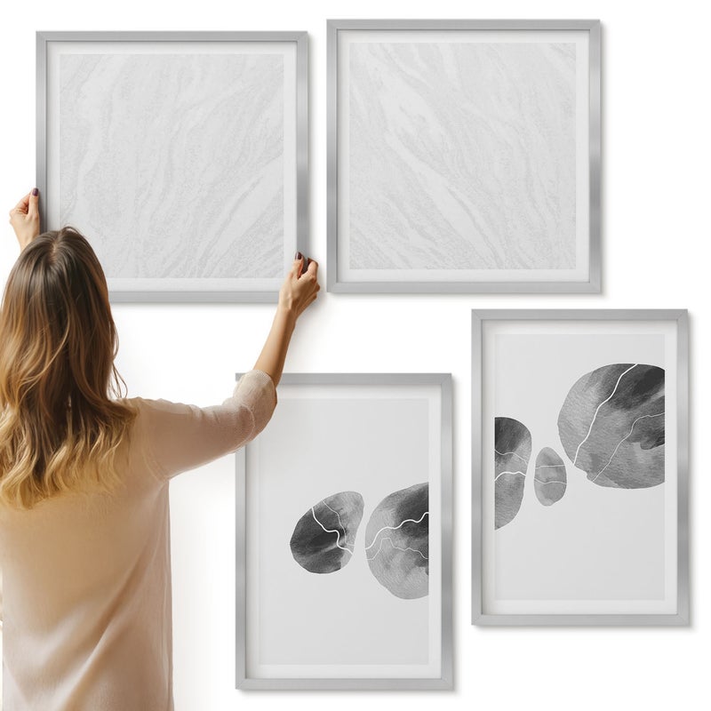 Galeria ścienna 4-częściowy komplet obrazów w srebrnych ramach - Plam farb abstrakcyjne malarstwo minimalistyczne - ArtPrintCave