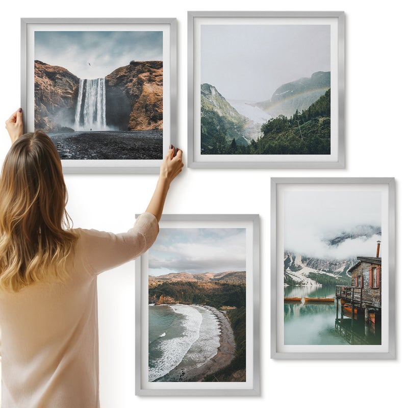 Galeria ścienna 4-częściowy komplet obrazów w srebrnych ramach - Widoki gór plaży z chmurami i wodą - ArtPrintCave