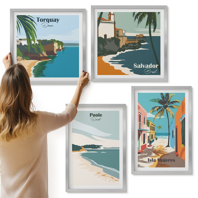 Galeria ścienna 4-częściowy komplet obrazów w srebrnych ramach - Tropikalne krajobrazy z plażami i palmami - ArtPrintCave