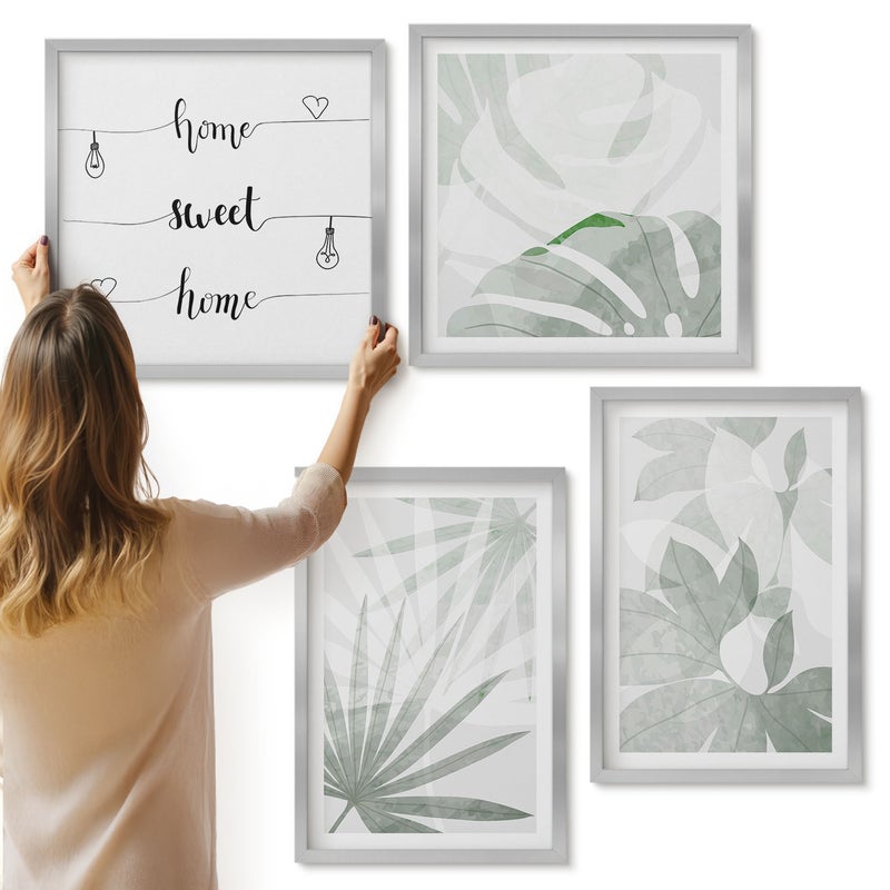 Galeria ścienna 4-częściowy komplet obrazów w srebrnych ramach - Liście roślin w odcieniach zieleni i szarości napis - ArtPrintCave
