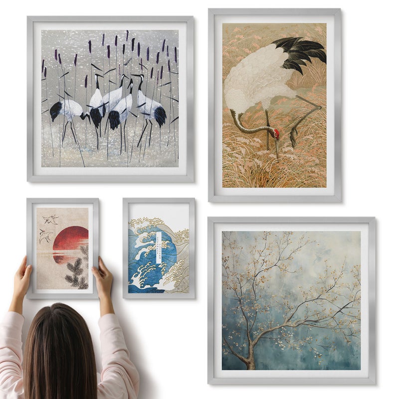 Galeria ścienna 5-częściowy komplet obrazów w srebrnych ramach - Stylowe obrazy z motywami przyrody i ptaków - ArtPrintCave