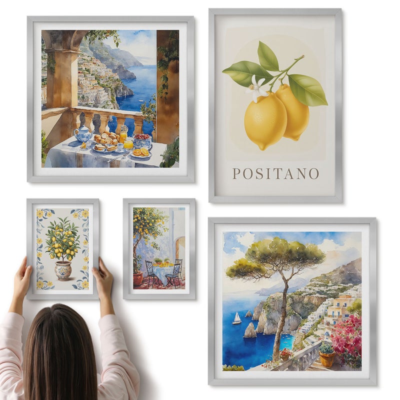 Galeria ścienna 5-częściowy komplet obrazów w srebrnych ramach - Cytrusowe akcenty w stylu śródziemnomorskim i widoki na morze - ArtPrintCave