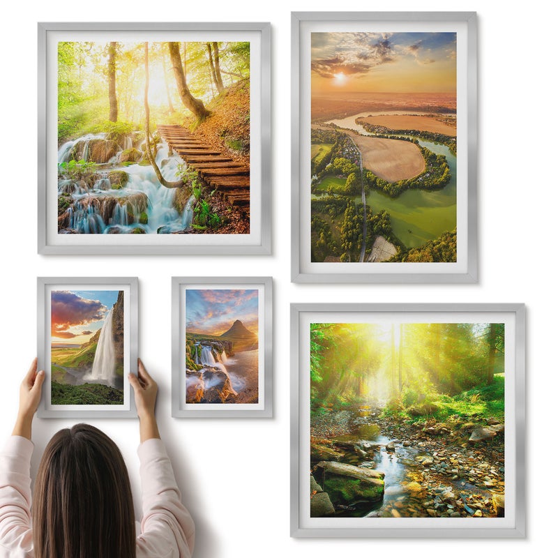 Galeria ścienna 5-częściowy komplet obrazów w srebrnych ramach - Naturalne krajobrazy z wodospadami i zielonymi dolinami - ArtPrintCave