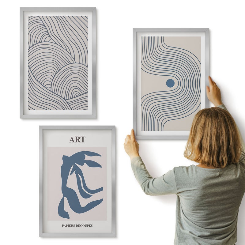 Galeria ścienna 3-częściowy komplet obrazów w srebrnych ramach - Abstrakcyjne wzory linii i kształtów w odcieniach niebieskiego - ArtPrintCave