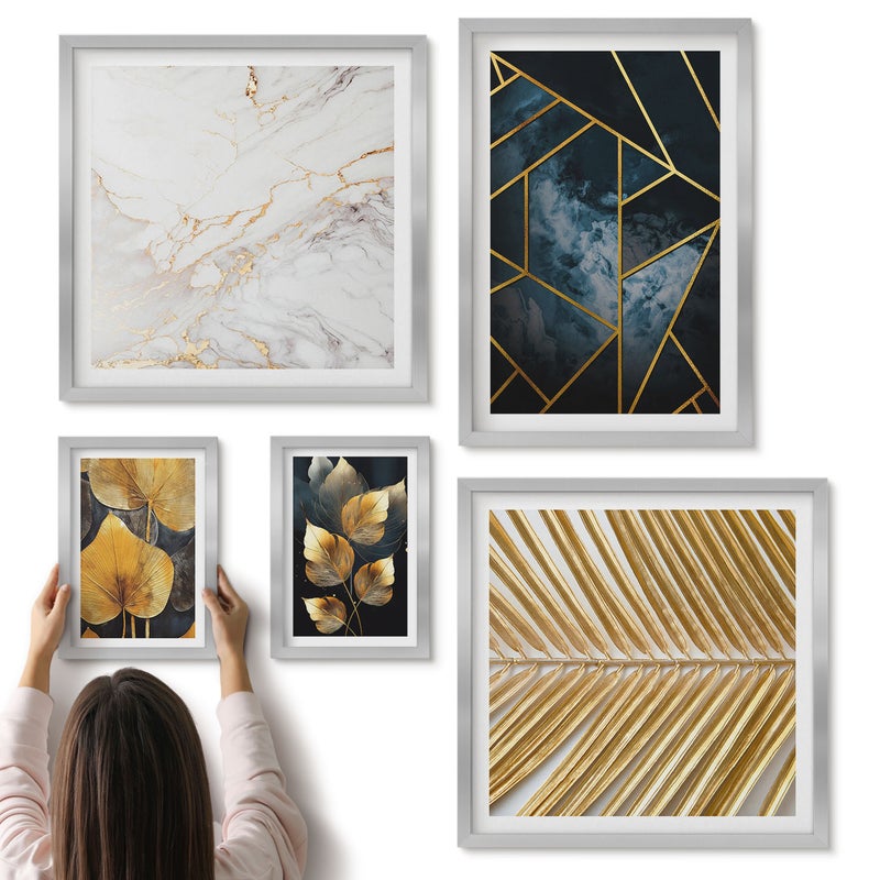 Galeria ścienna 5-częściowy komplet obrazów w srebrnych ramach - Stylowe dekoracje z motywem liści i geometrycznym wzorem - ArtPrintCave