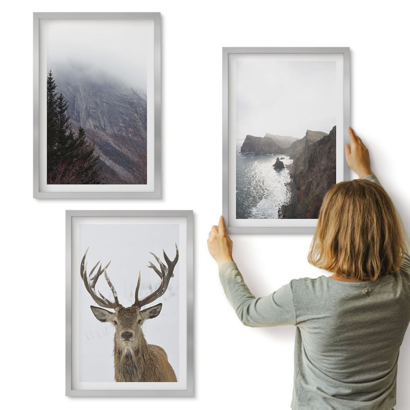 Galeria ścienna 3-częściowy komplet obrazów w srebrnych ramach - Krajobraz górski z mgłą wodą i jeleniem - ArtPrintCave