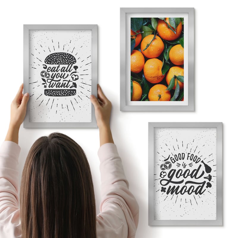 Galeria ścienna 3-częściowy komplet obrazów w srebrnych ramach - Kuchenne motywy i soczyste pomarańcze - ArtPrintCave