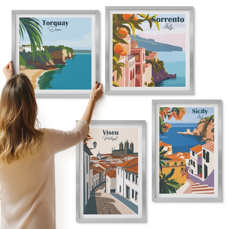 Galeria ścienna 4-częściowy komplet obrazów w srebrnych ramach - Retro ilustracje znanych miast świata - ArtPrintCave