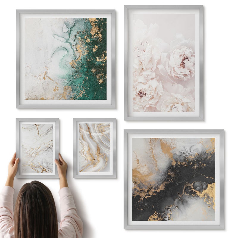 Galeria ścienna 5-częściowy komplet obrazów w srebrnych ramach - Kwiatowe akcenty i abstrakcyjne wzory w eleganckim stylu - ArtPrintCave