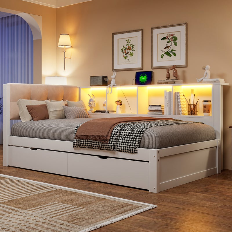 Łóżko 90 x 200 cm z 2 szufladami, 4 przegrodami, USB i LED - lita sosna i płyta MDF - białe (materac nie jest wliczony w cenę)