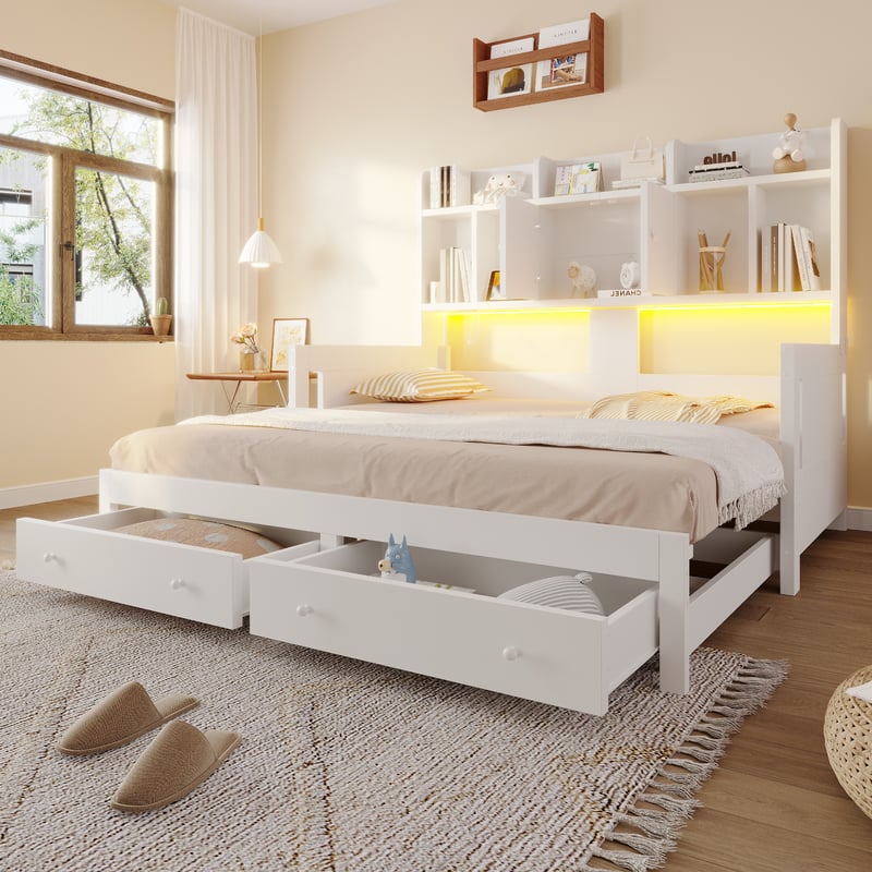 Łóżko wysuwane 90/180 x 190 cm z 2 szufladami, 2 drzwiami i otwartymi półkami, oświetleniem LED i gniazdkiem elektrycznym – MDF/sklejka – białe