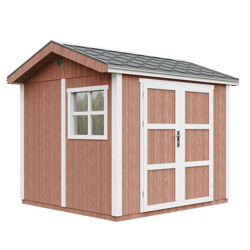 LP® SmartSide® drewniany domek ogrodowy premium z podłogą i gontem bitumicznym 250 × 294 × 252 cm – 5,9 m² – TIMBELA M913A-REDWOOD RED