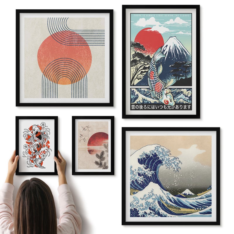Galeria ścienna 5-częściowy komplet obrazów w czarnych ramach - Sztuka japońska motywy fal i tradycyjne wzory - ArtPrintCave