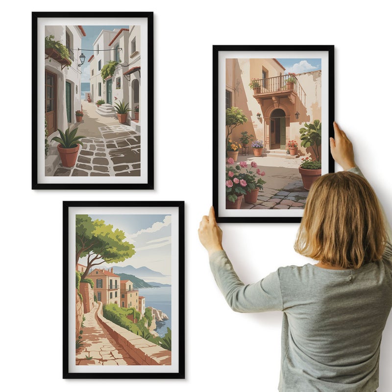 Galeria ścienna 3-częściowy komplet obrazów w czarnych ramach - Malownicze uliczki z domami i roślinami w donicach - ArtPrintCave