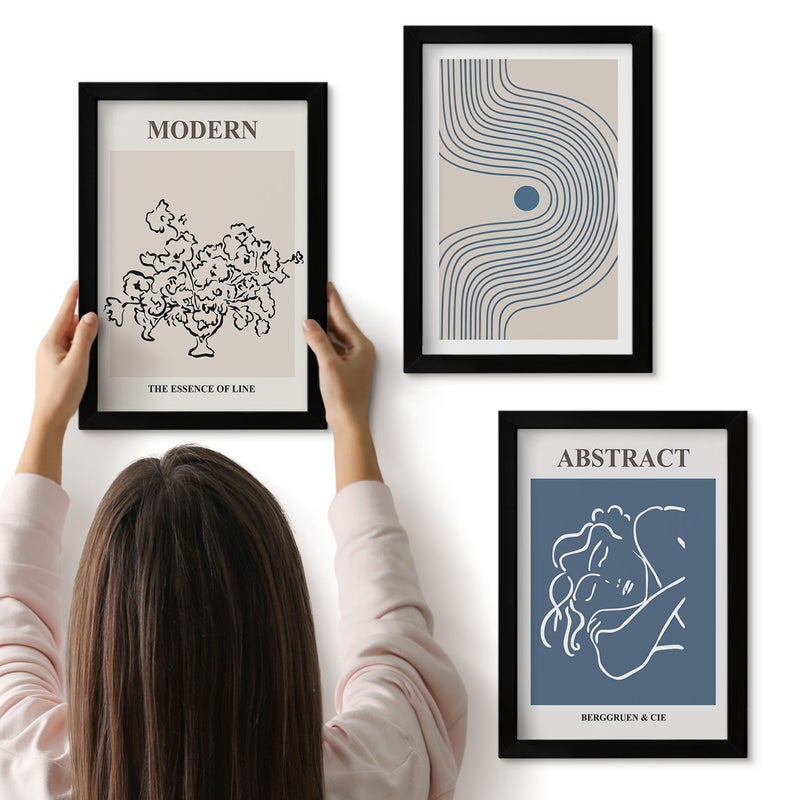 Galeria ścienna 3-częściowy komplet obrazów w czarnych ramach - Kwiaty linie i abstrakcyjne kształty postery - ArtPrintCave