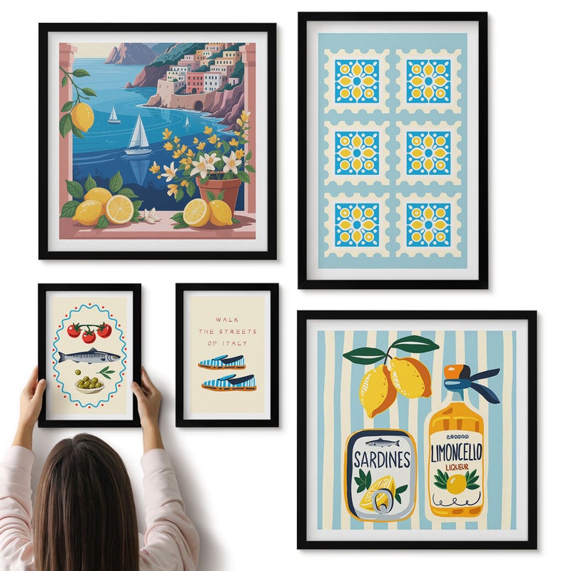 Galeria ścienna 5-częściowy komplet obrazów w czarnych ramach - Kuchenne inspiracje z Włoch smak i styl śródziemnomorski - ArtPrintCave