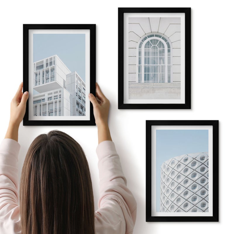 Galeria ścienna 3-częściowy komplet obrazów w czarnych ramach - Nowoczesna architektura minimalizm i geometria - ArtPrintCave